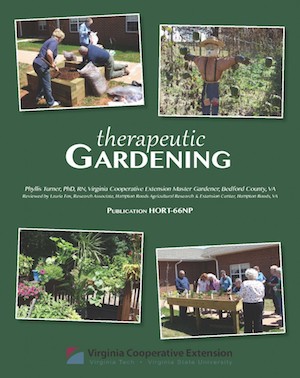 green cover of publication with title "therapeutic gardening" and four small askew photos showing people working outside, green bushes, a landscape, and a large group of people standing outside