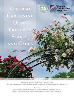 cover of publication with title vertical gardening against a background of blue sky, in the foreground an archway is covered in lush blooms and foliage