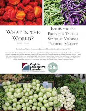 cover page of publication with title what in the world? two pictures on top show a pile of red berries and green beans, on bottom a display with fresh produce