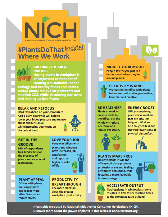 NICH infographic for plants do that where we work featuring colorful buildings with data on indoor plants